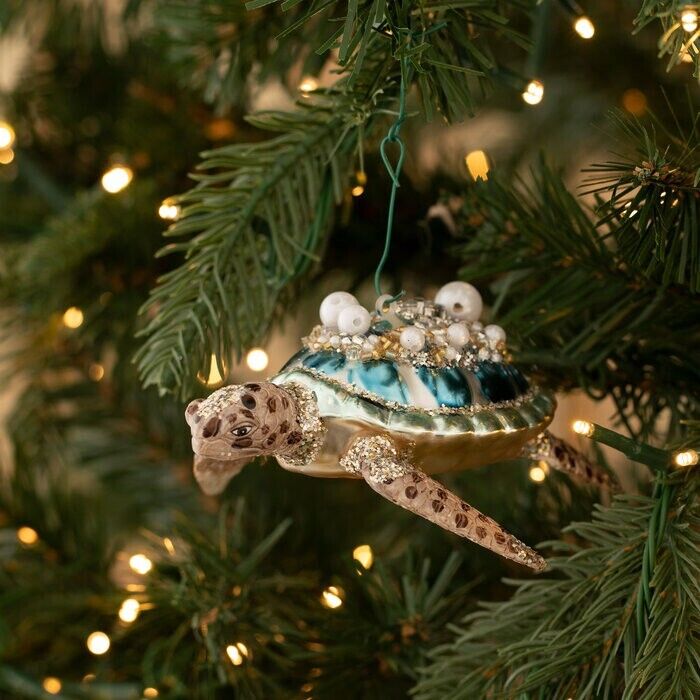 Sea Turtle Rhinestone Pearl Glitter Blown Glass Nautical Christmas Tree Ornament