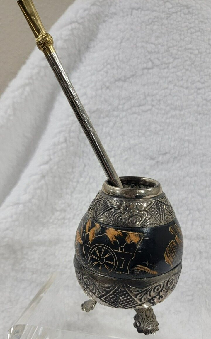 Vintage Argentinian Tea Sipper Gourd Overlay of Hammered Silver with Straw