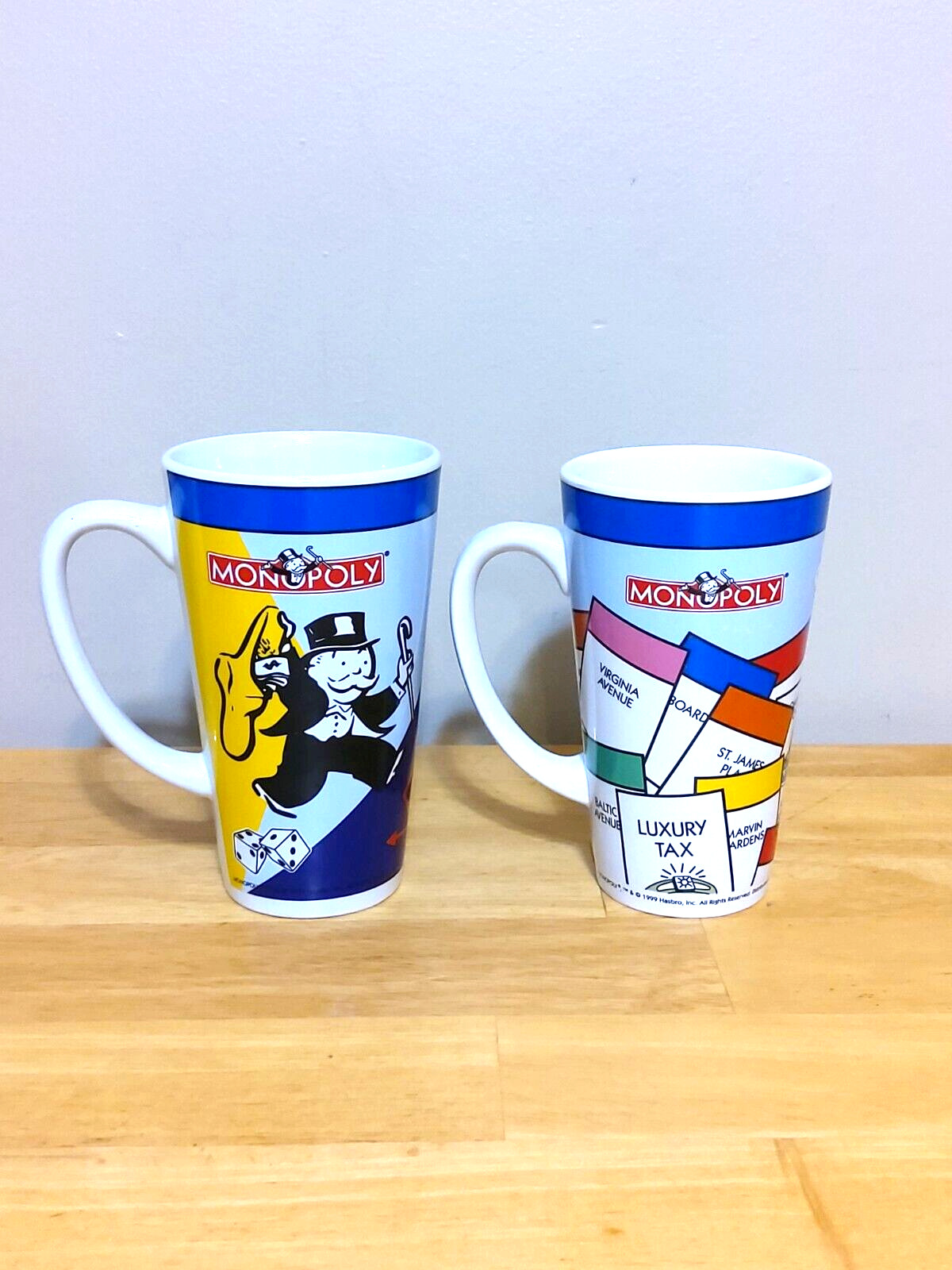 Vintage 1999 Hasbro Monopoly Tall Coffee Mugs Mr. Monopoly & Property Cards