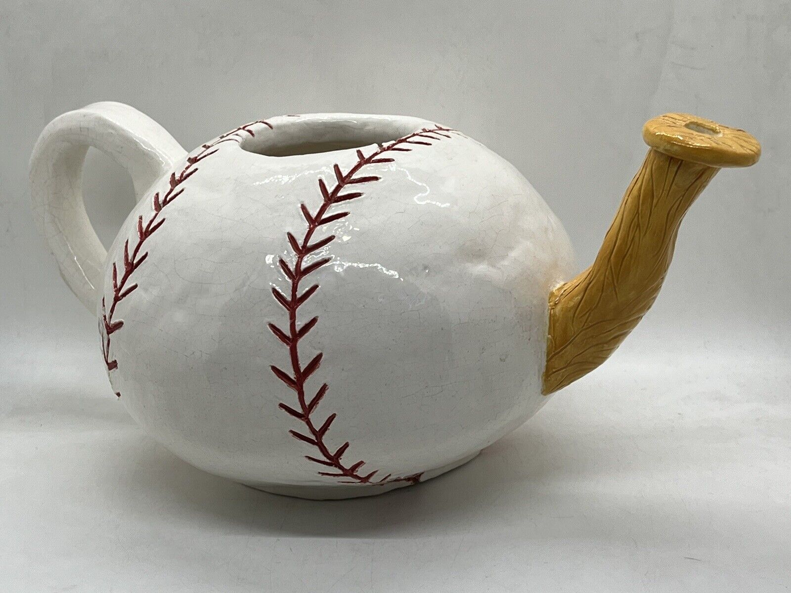 Vintage Ceramic White Baseball Shaped Coffee Tea Pot Teapot Pitcher Pottery Art