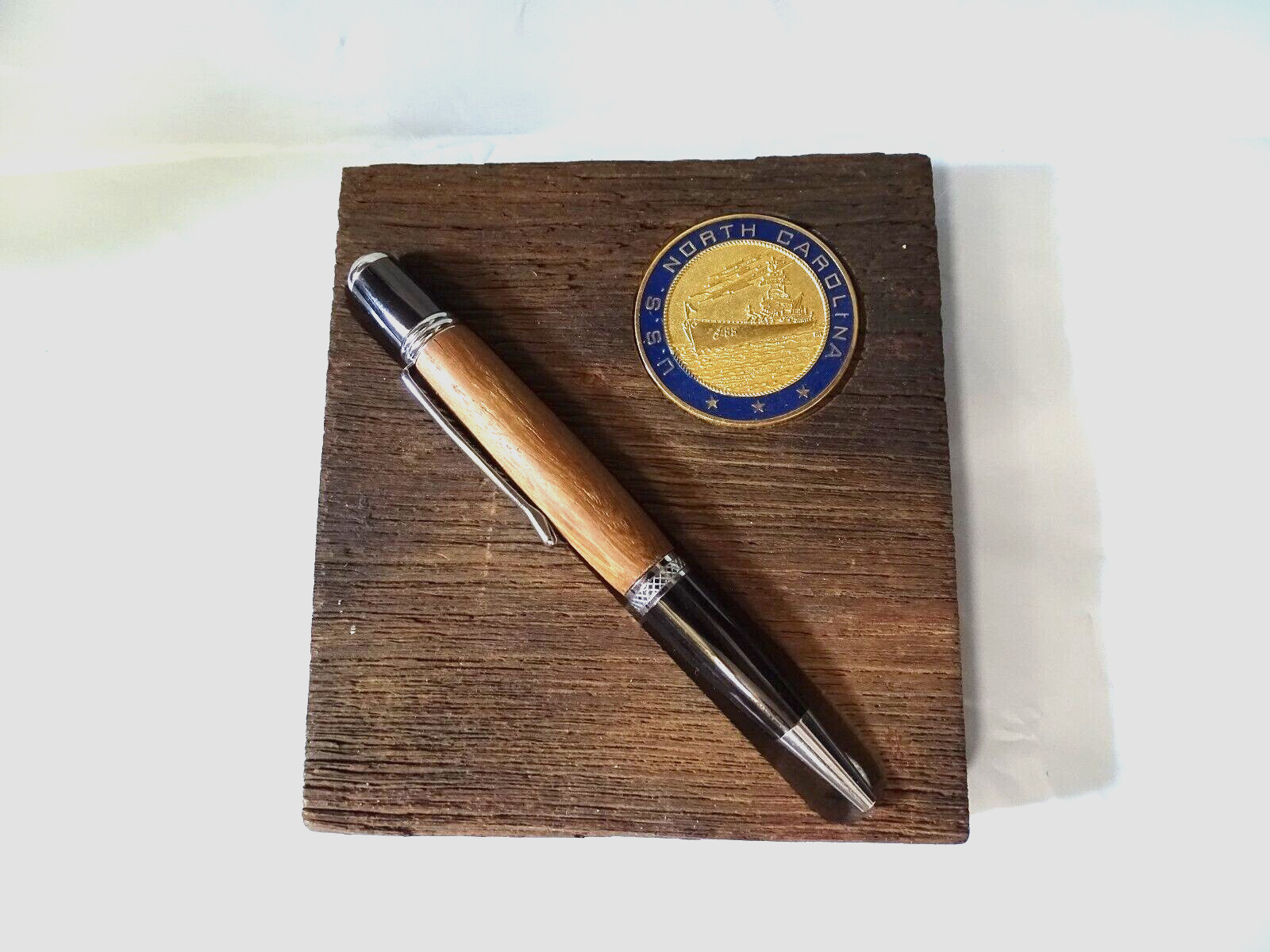 U.S.S. N.C. Pen Desk Set Made From Wood Off the Deck of USS NC with Coin of Ship