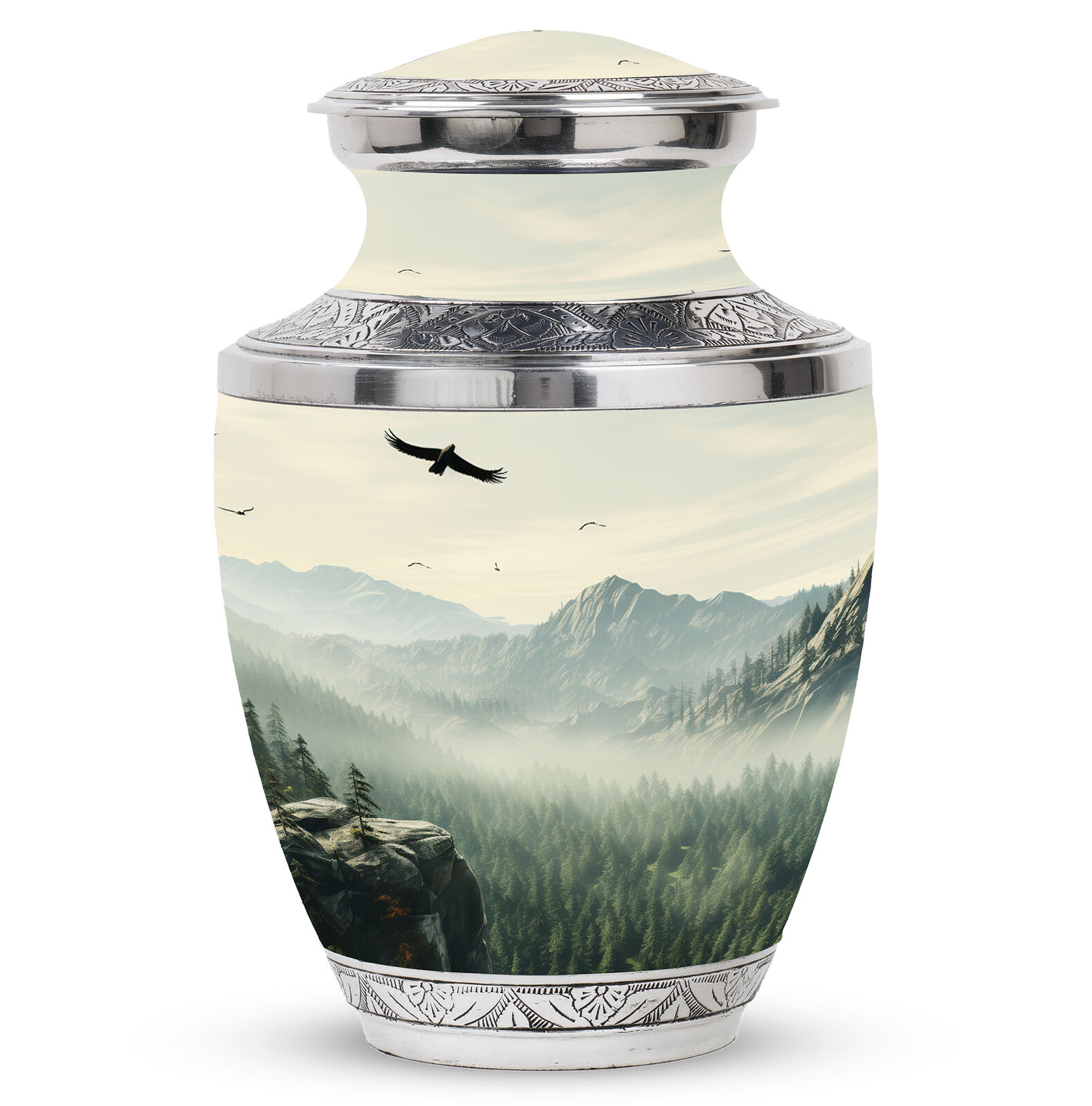 Small Urns Realistic Illustration Of Mountains And Forest (10 Inch) Large Urn
