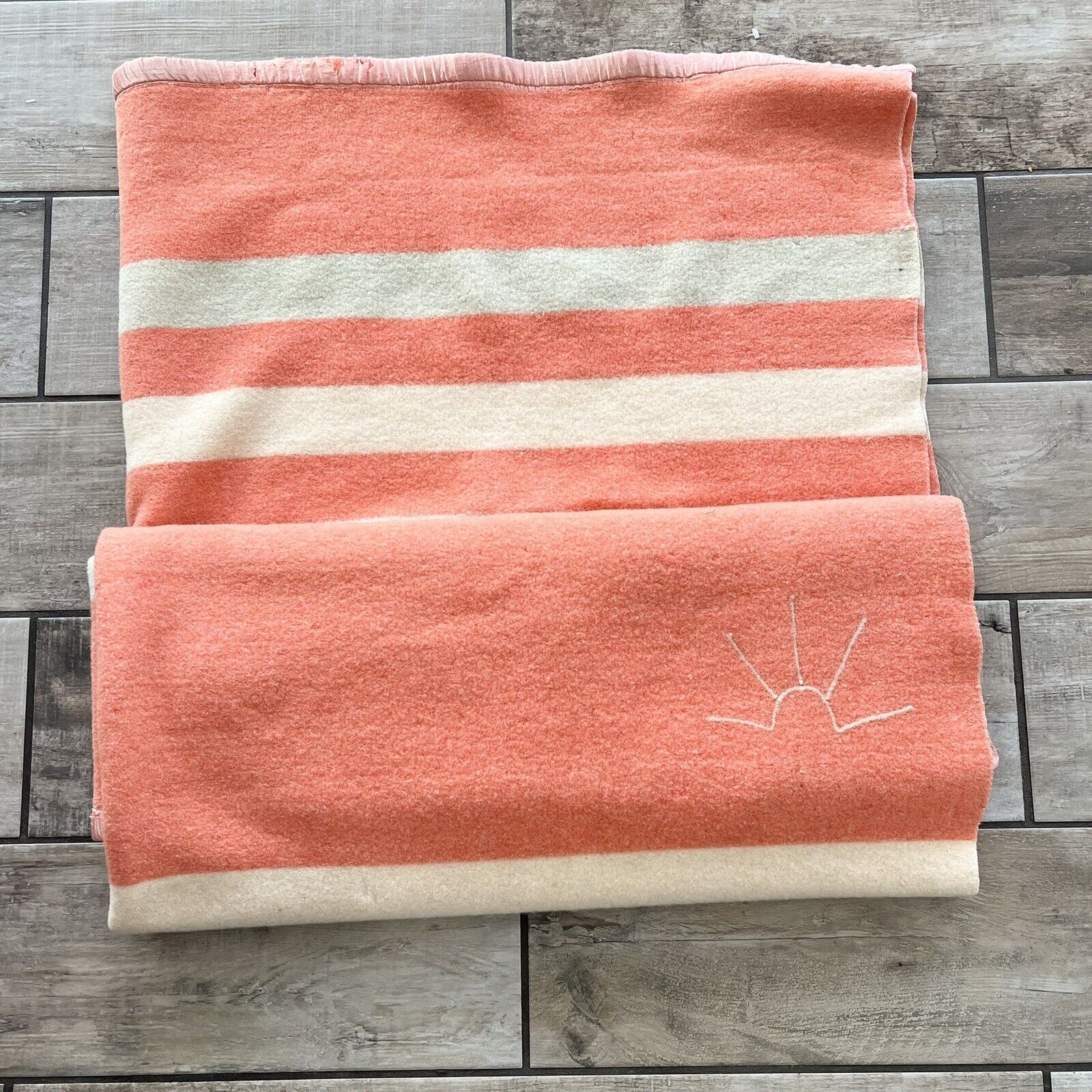 Vintage Baron Woolen Mills Striped Rising Sun Blanket 75 x 59 Peach Orange