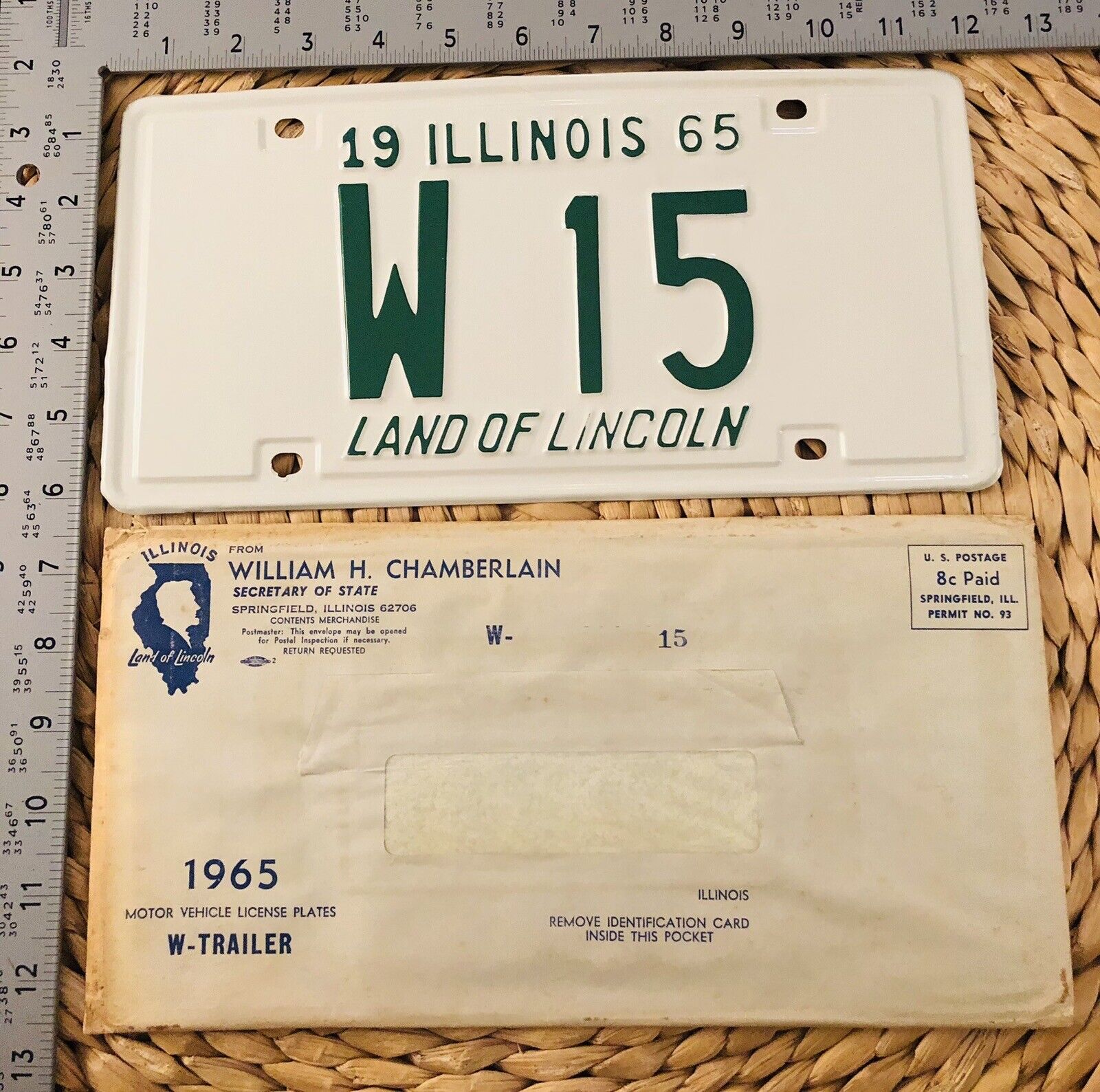 1965 Illinois TRAILER License Plate ALPCA Garage W15 Low Number With Envelope