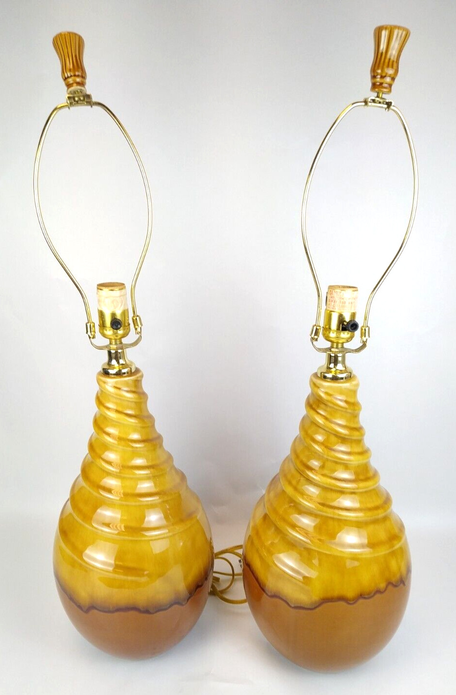 Pair 29” Gold Mustard Brown Drip Glaze Swirl Table Lamps Tiki Pottery Modern MCM