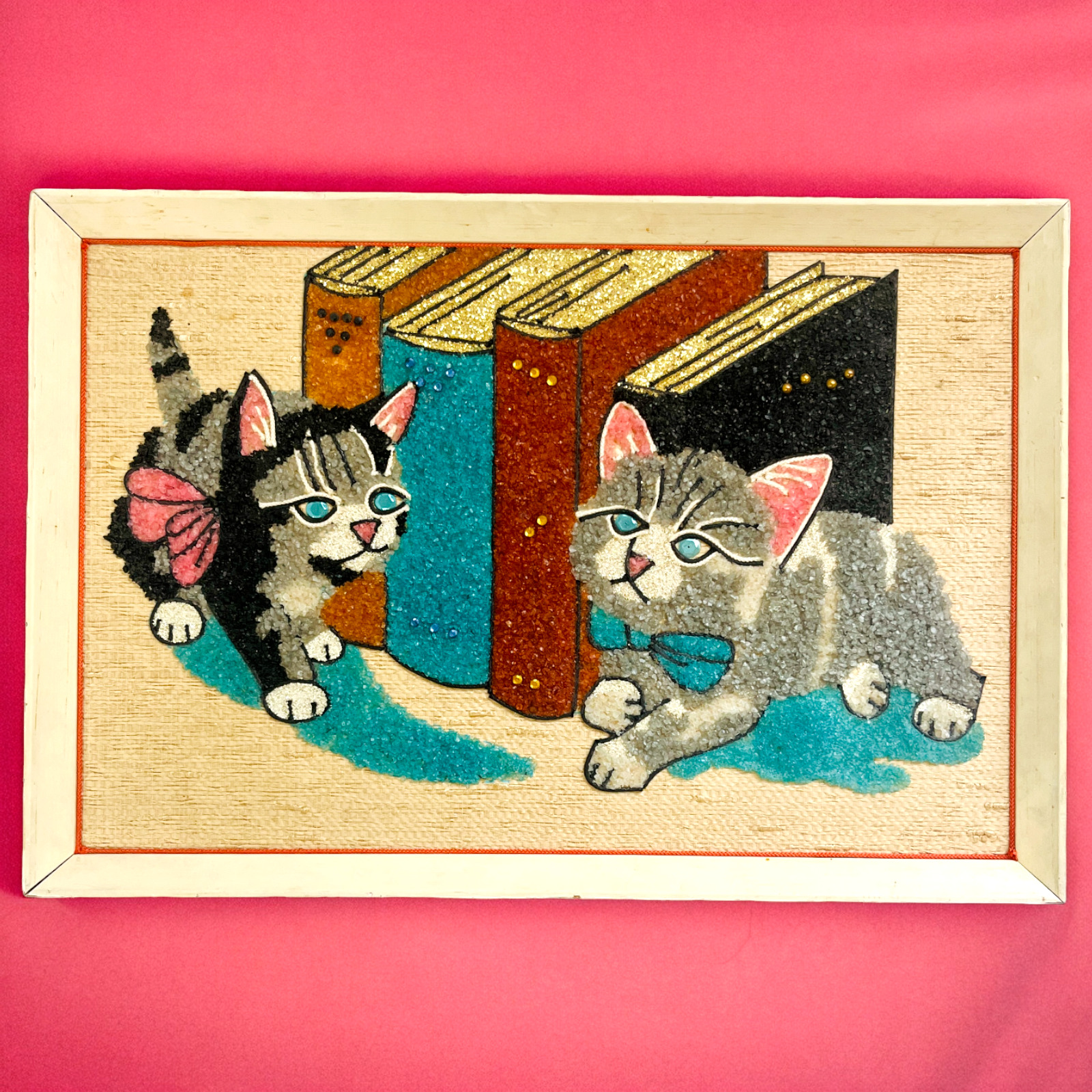 Vintage Gravel Pebble Art Framed Wall Hanging Kittens Books Cats MCM Retro 18.5