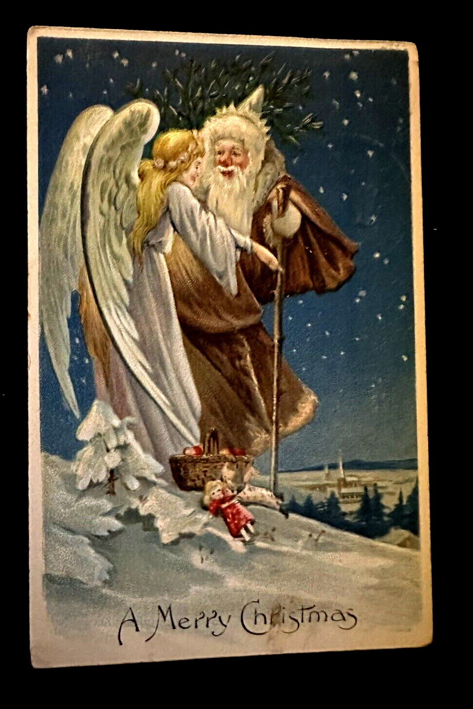 Long Brown Robe~Santa Claus in Snow with Angel~Antique~Christmas Postcard~k321