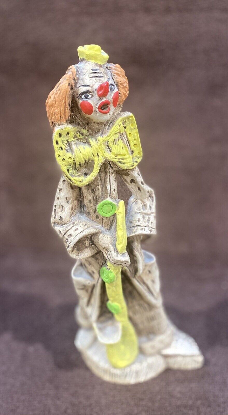 Pre Owned Remarkably Unique Ricardo Wooden Clown With Saxophone Figurine