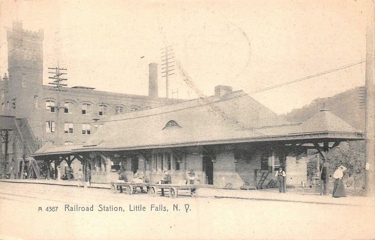 RAILROAD STATION LITTLE FALLS NEW YORK TRAIN DEPOT ROTOGRAPH POSTCARD 1908