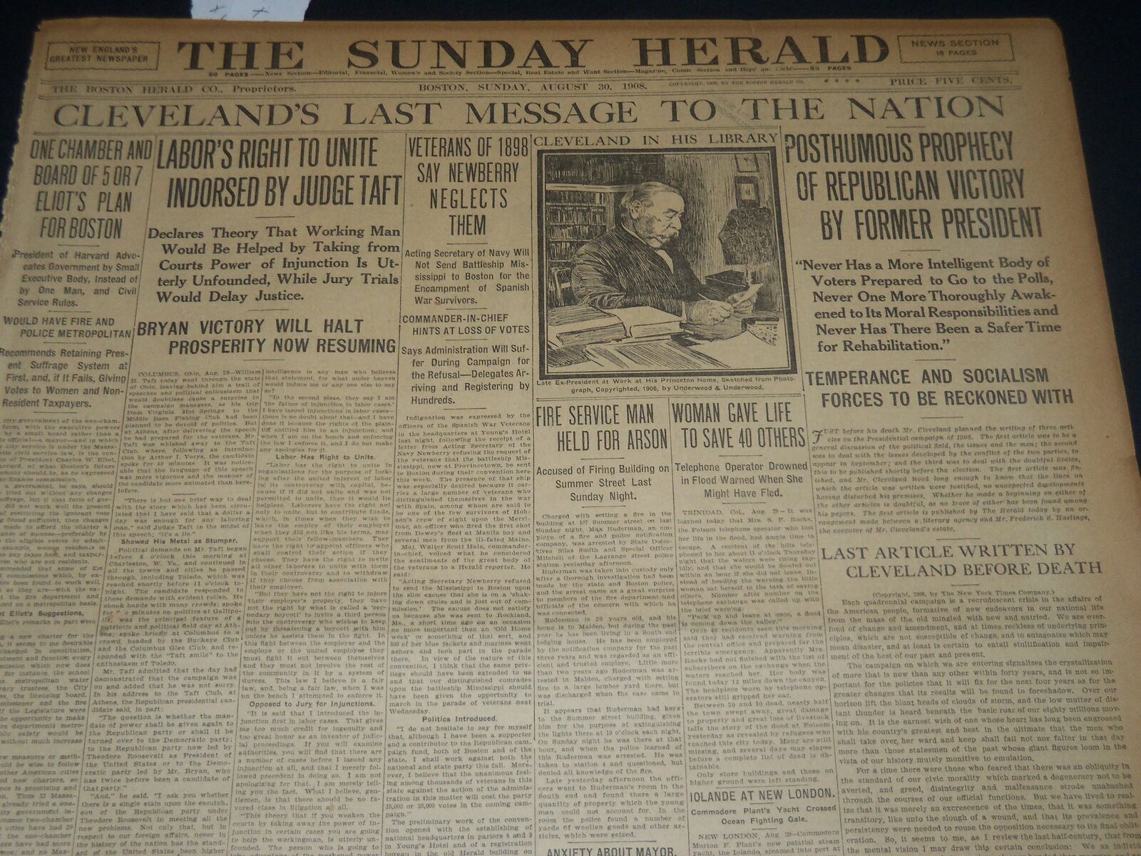 1908 AUGUST 30 THE BOSTON HERALD - CLEVELAND'S LAST MESSAGE TO NATION - BH 302