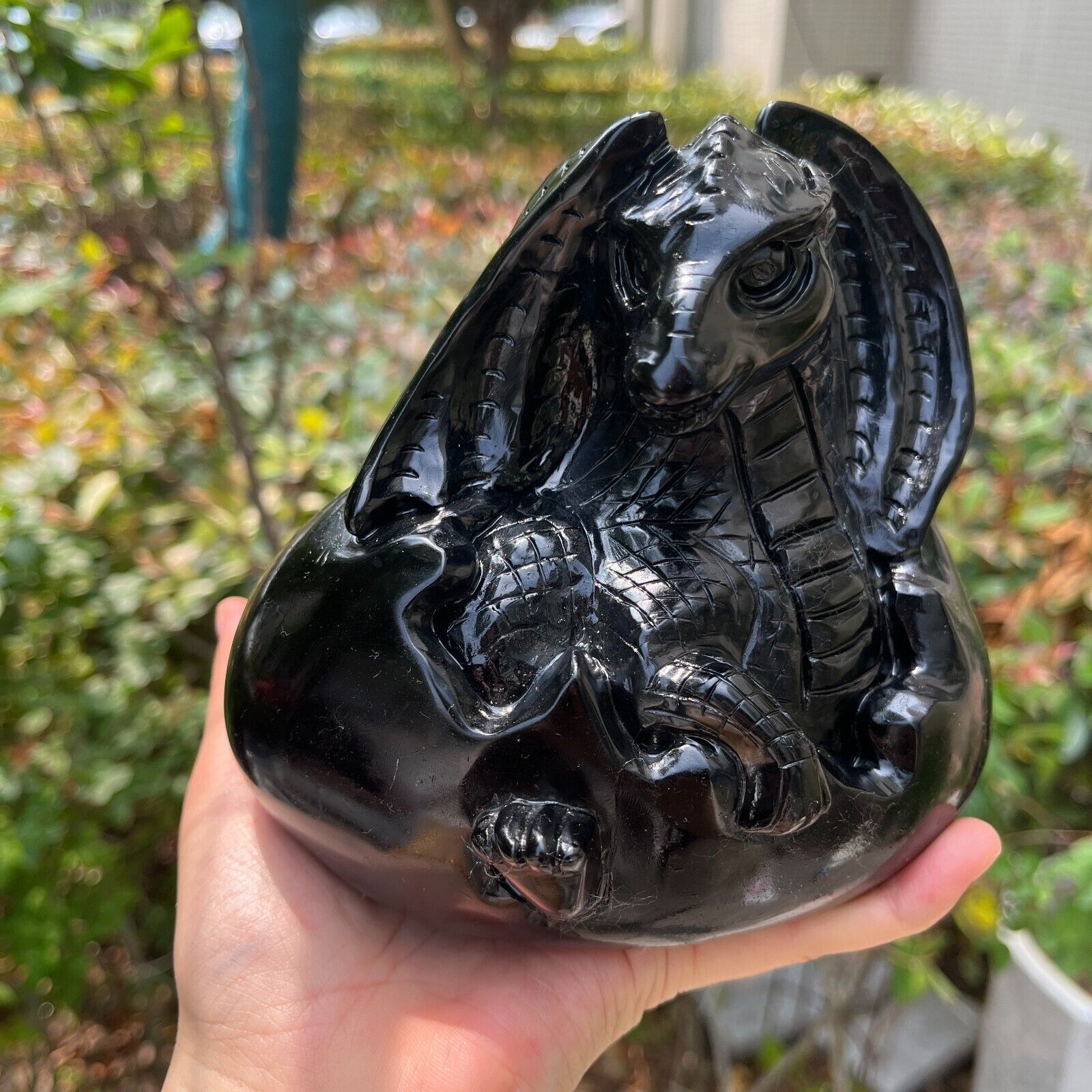 Random 1PC 4.1LB 7''Natural Black Obsidian Dragon Egg Quartz Crystal Rock Carved
