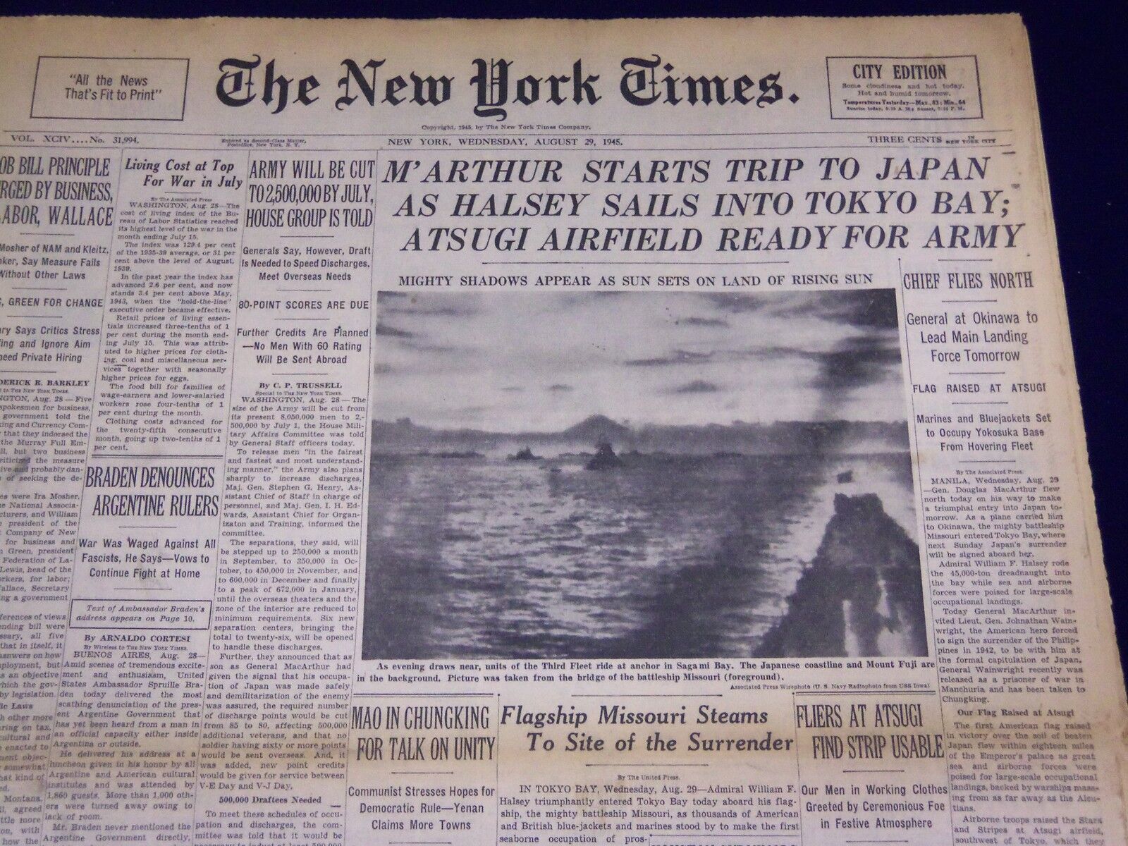 1945 AUGUST 29 NEW YORK TIMES - M'ARTHUR STARTS TRIP TO JAPAN - NT 531