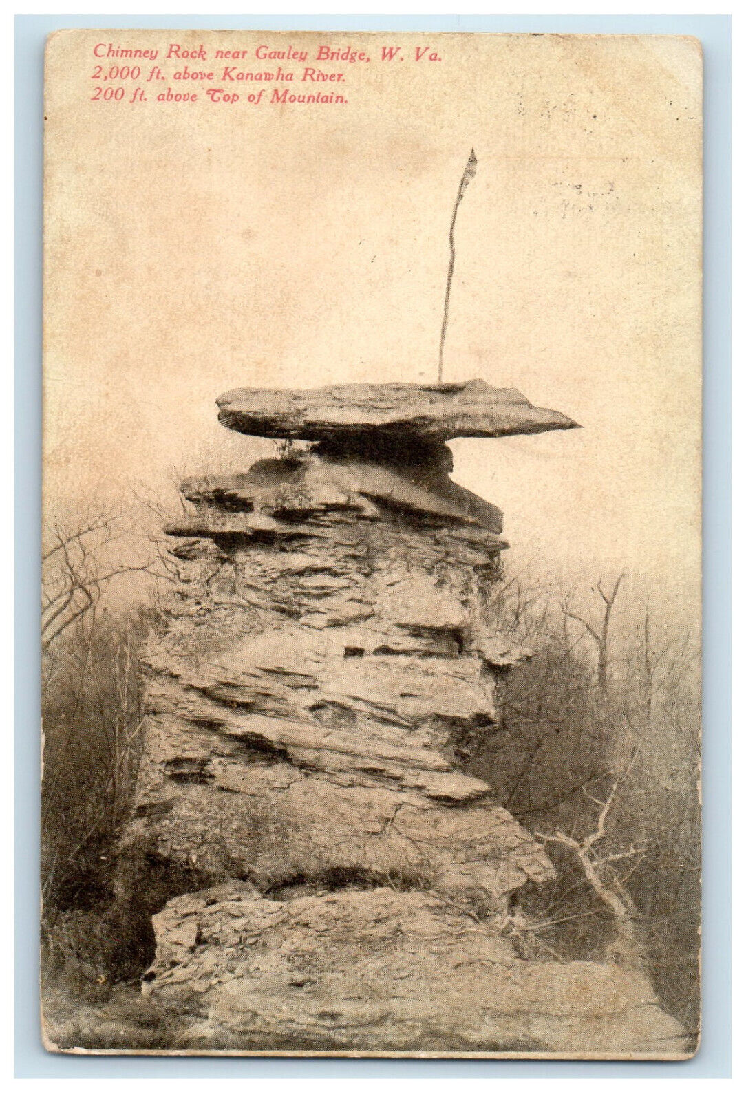 1907 Chimney Rock Near Gauley Bridge WV Mendon MA Posted Antique Postcard