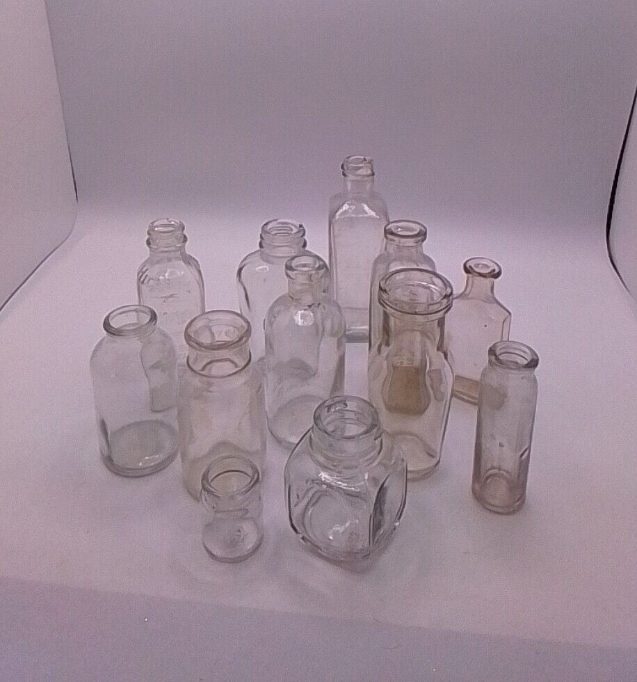 Vintage glass 12 bottles lot, medicine bottles, household chemical...