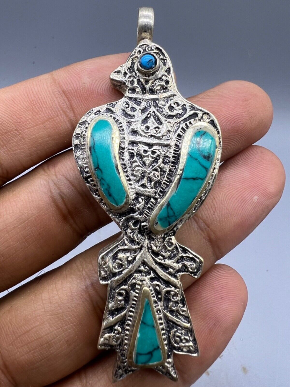 Vintage Tribals Rare Old Mixed Sliver A Bird With Natural Stone Unique Pendant
