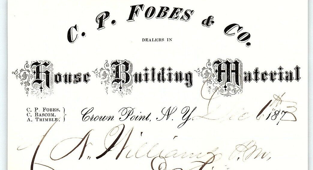 1873 CROWN POINT NY C.P. FOBES DEALER BUILDING MATERIALS BILLHEAD INVOICE Z4057