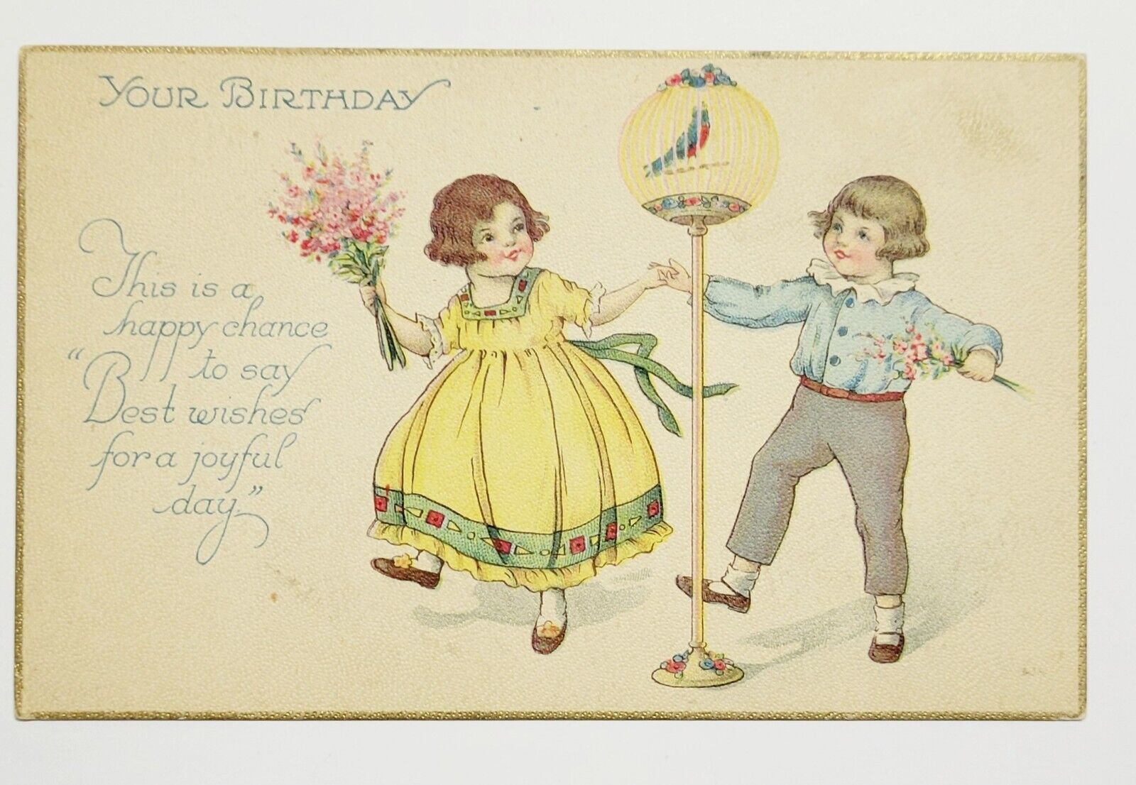 Antique Victorian Happy Birthday Postcard Little Girl And Boy 1910s Unposted 