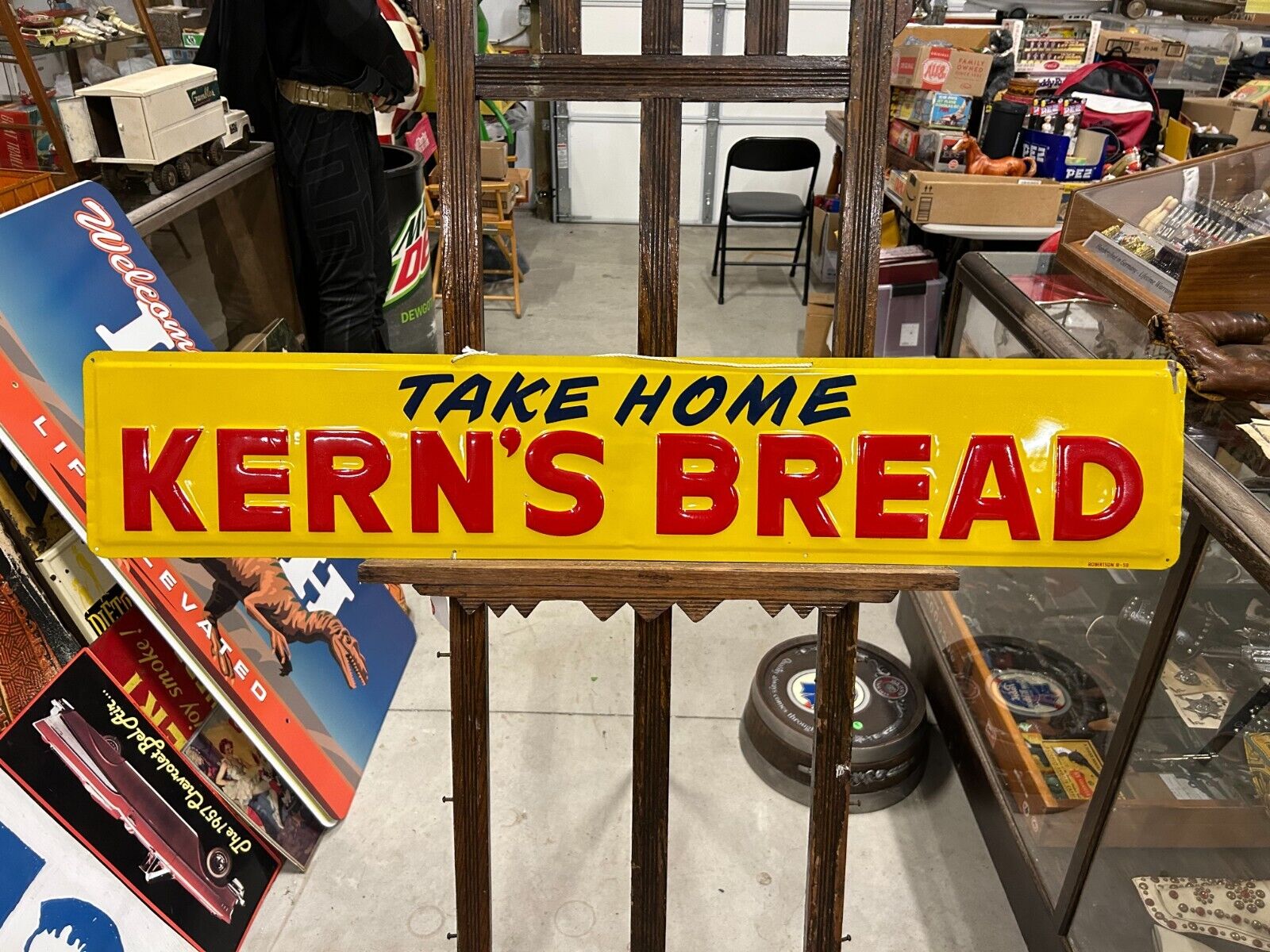 c.1959 Original Vintage Take Home Kerns Bread Sign Metal Embossed Grocery NOS