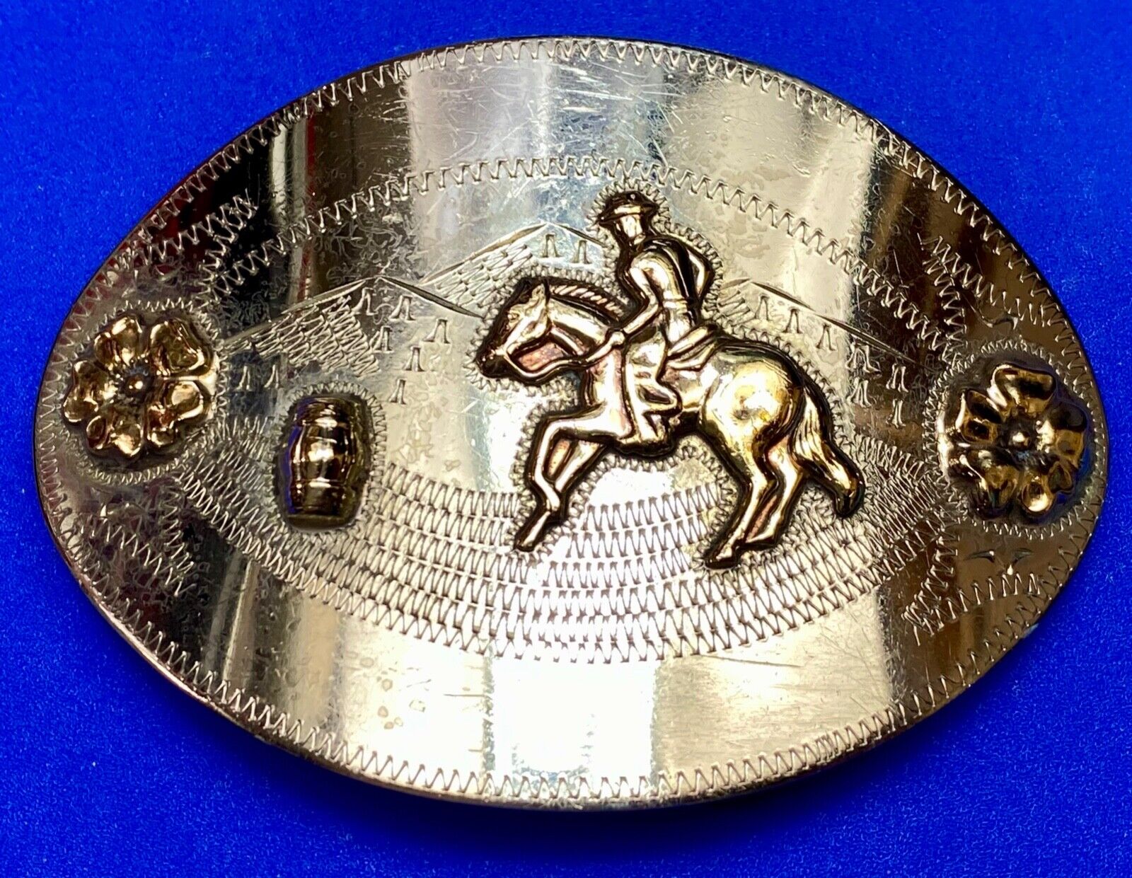 Barrel Horse Rider,  Nickel Silver Belt Buckle W/ Bronze Trim by Don Ricardo
