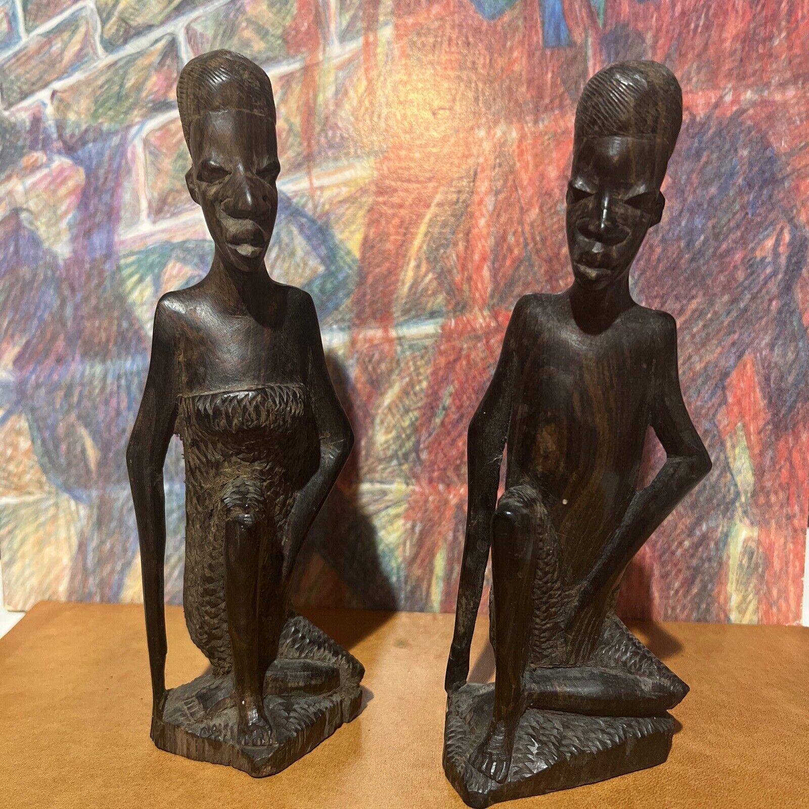 2 african couple kneeling and sitting old ebony carving