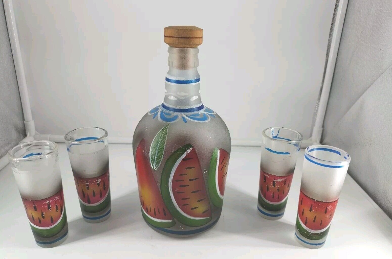 Mexican Hand Painted Decanter & Set 4 Shot Glasses 9\