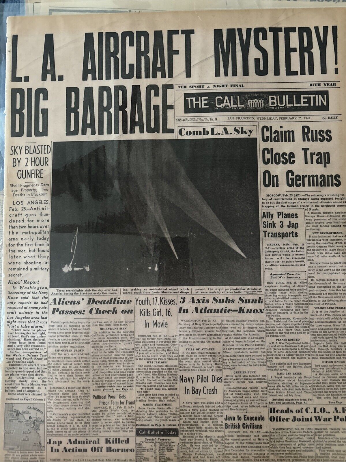 NM, Authentic 1943 UFO Newspaper - The Battle Of Los Angeles, Extremely RARE