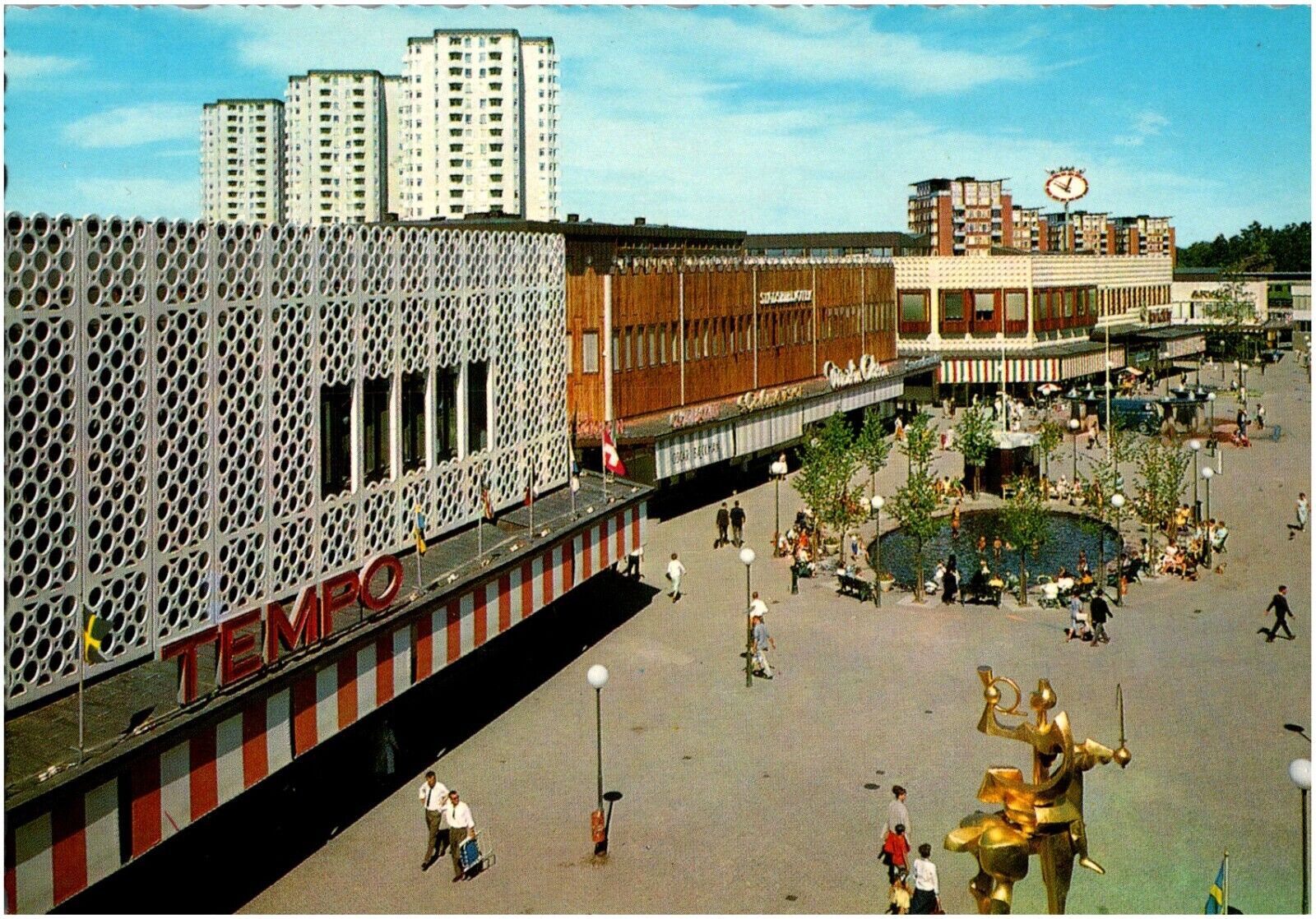 Farsta Square Shopping Center Stockholm Sweden 1960s Chrome Postcard Tempo Store