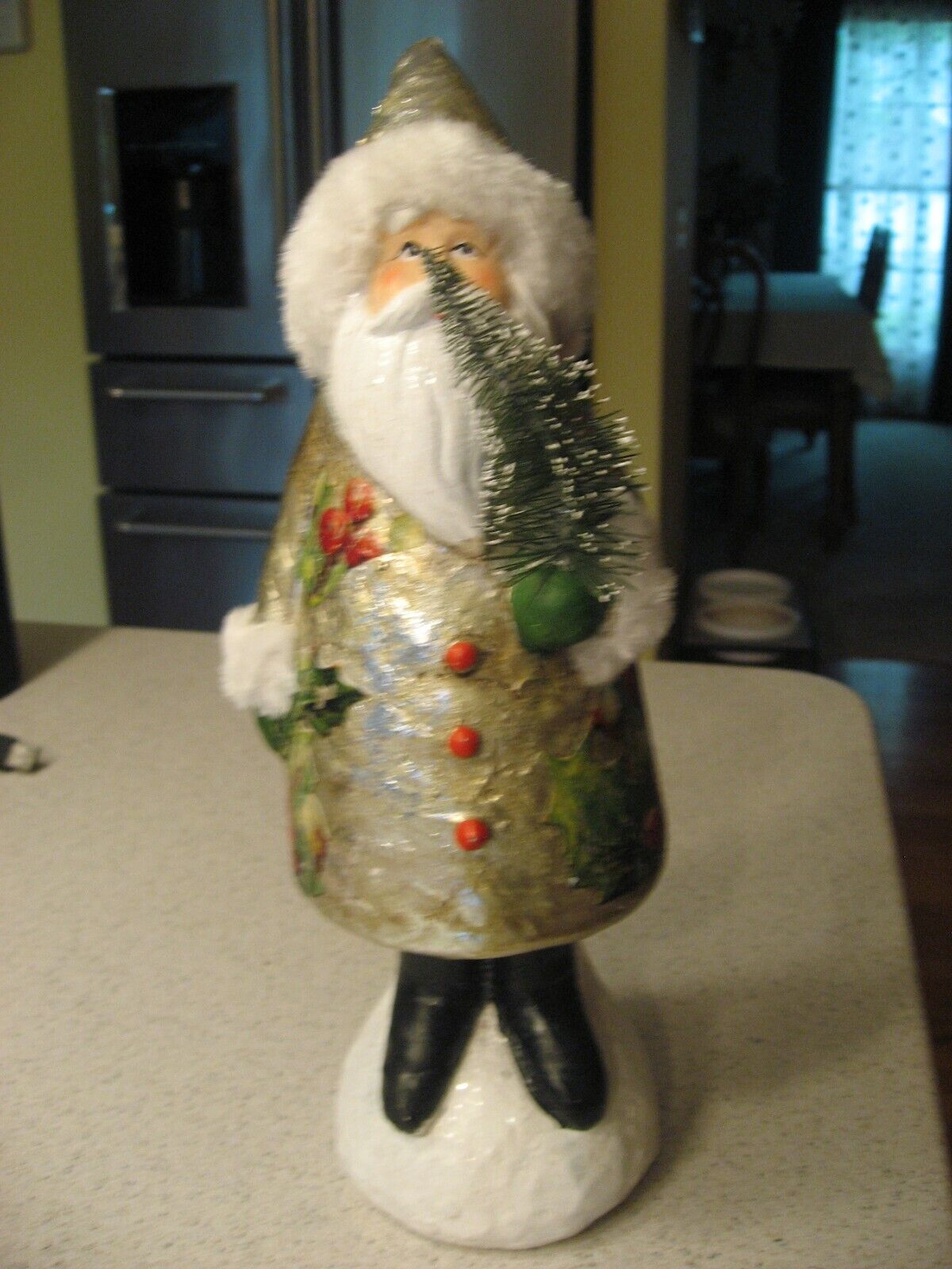 Vtg Ino Schaller Santa Claus with Tree Papier Mache Figurine -Hand Painted Holly