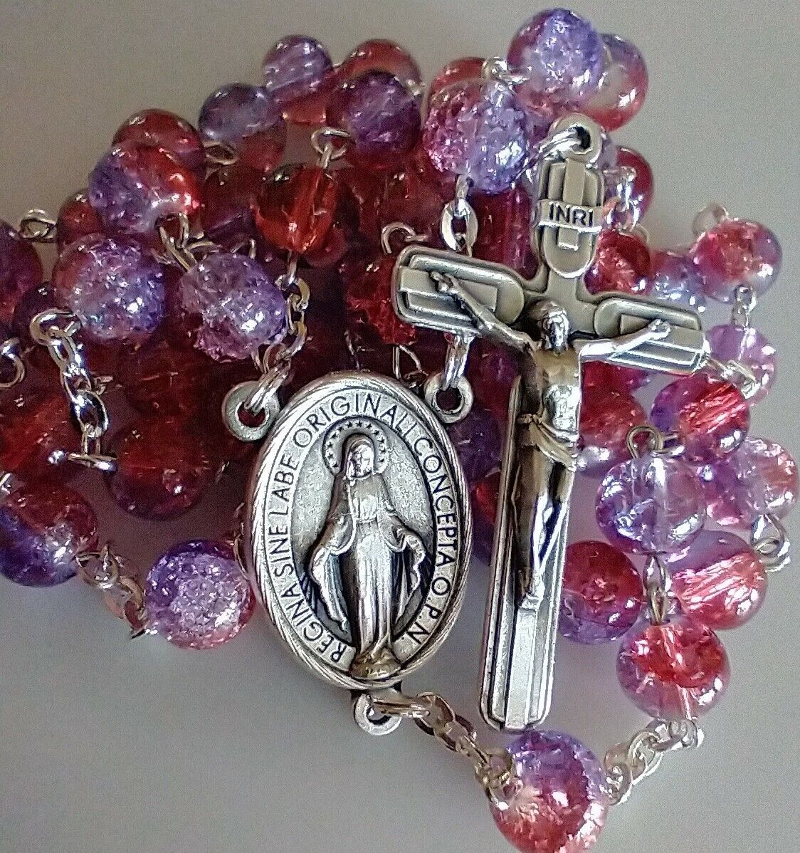 Beautiful Catholic Purple Red Pink Crackle Glass Rosary 