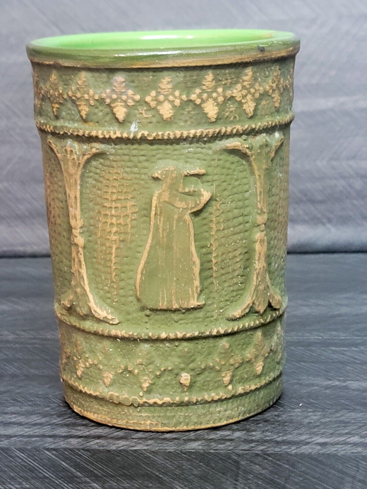 Antique Red Wing Brushware Green Pottery Mug Stoneware Enamel Rare