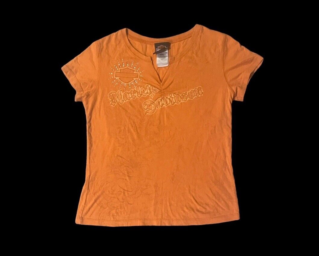 Women’s Vintage Orange Harley Davidson Studded T-shirt Size M