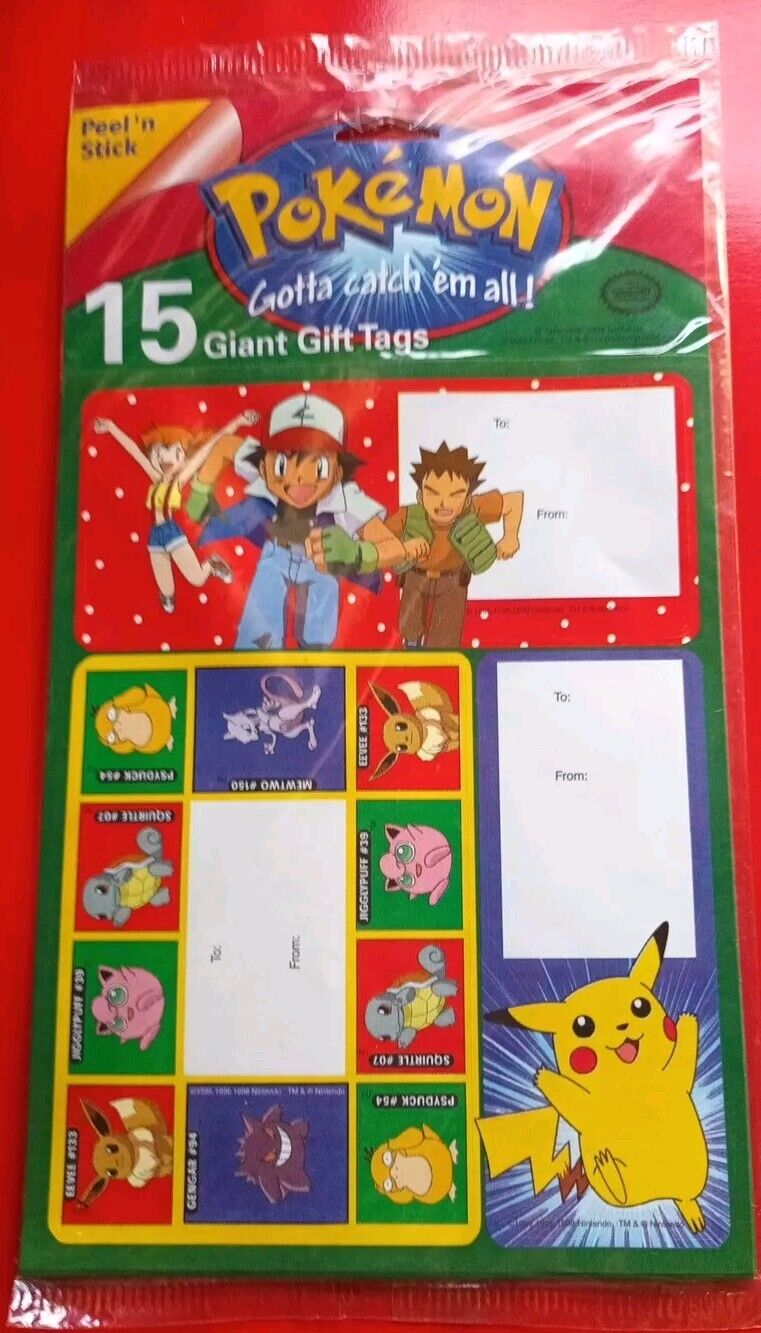 Rare New Sealed Vintage 1996 Pokemon Giant Gift Tags Christmas Holiday Gifts