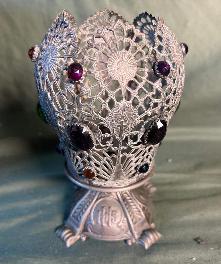 Vintage Filligree Jeweled Metal Catholic Sacred Heart Curch Votive Candle Holder