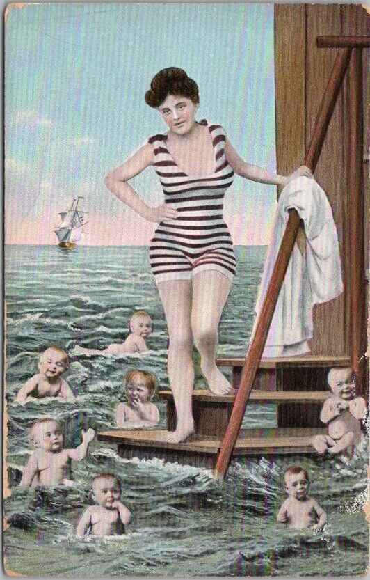 c1910s Bathing Suit Girl Postcard Changing Cabin / Babies in Water / Germany