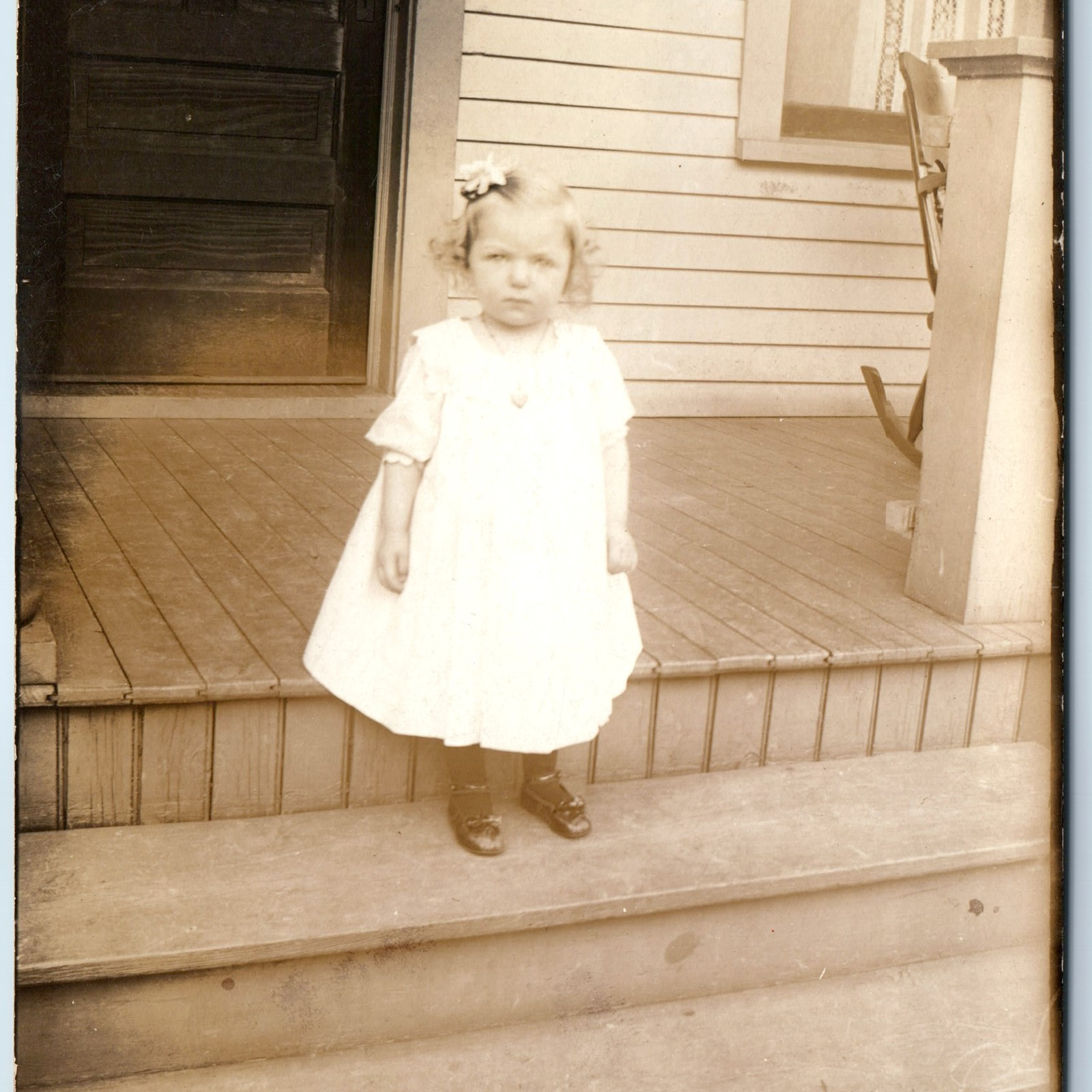 c1910s Cute Little Girl House Porch RPPC Angel Blonde Hair House Real Photo A261