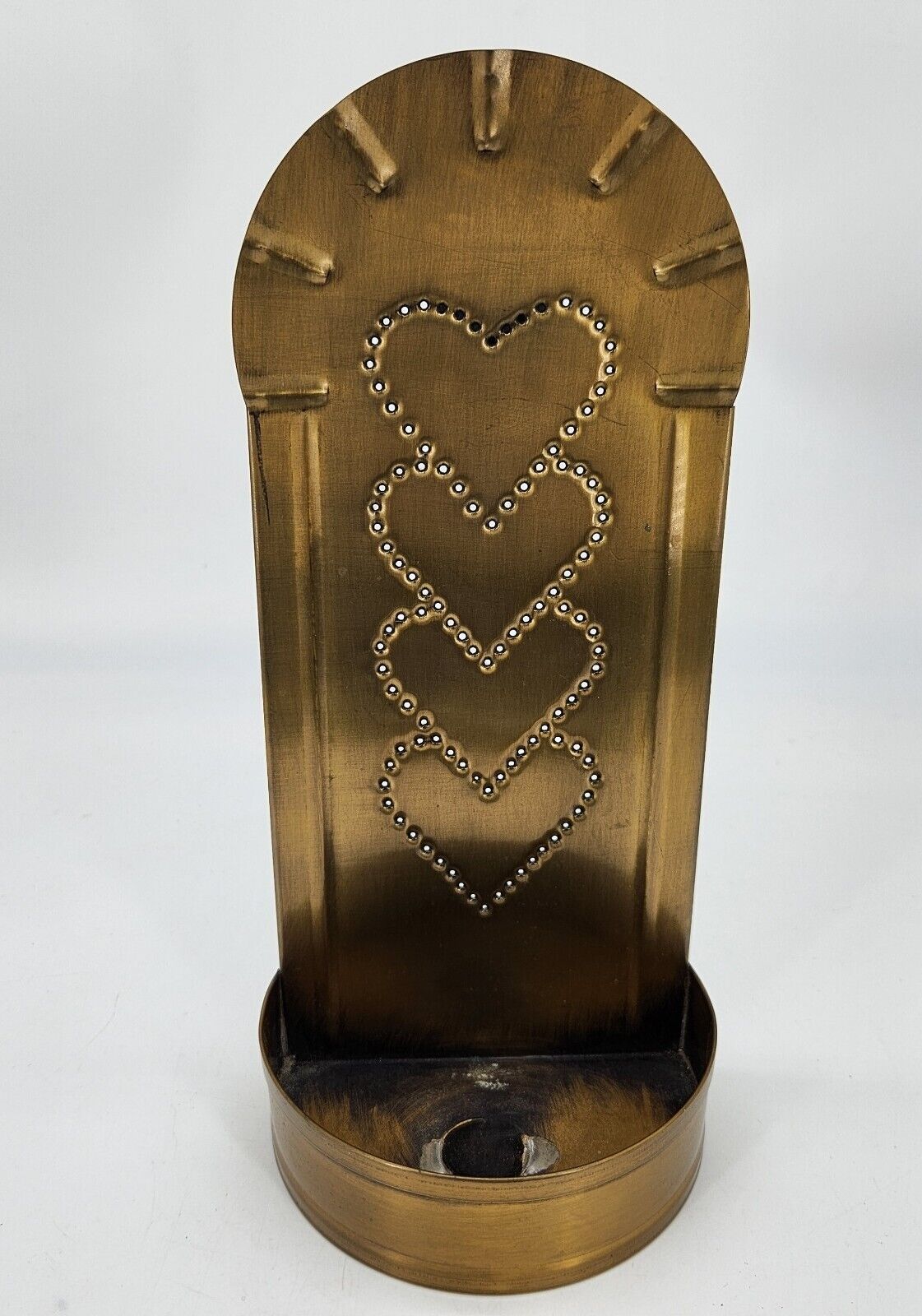 Irvin's Tinware Metal Candle Wall Fixture Colonial Punched Heart Brass Pattern