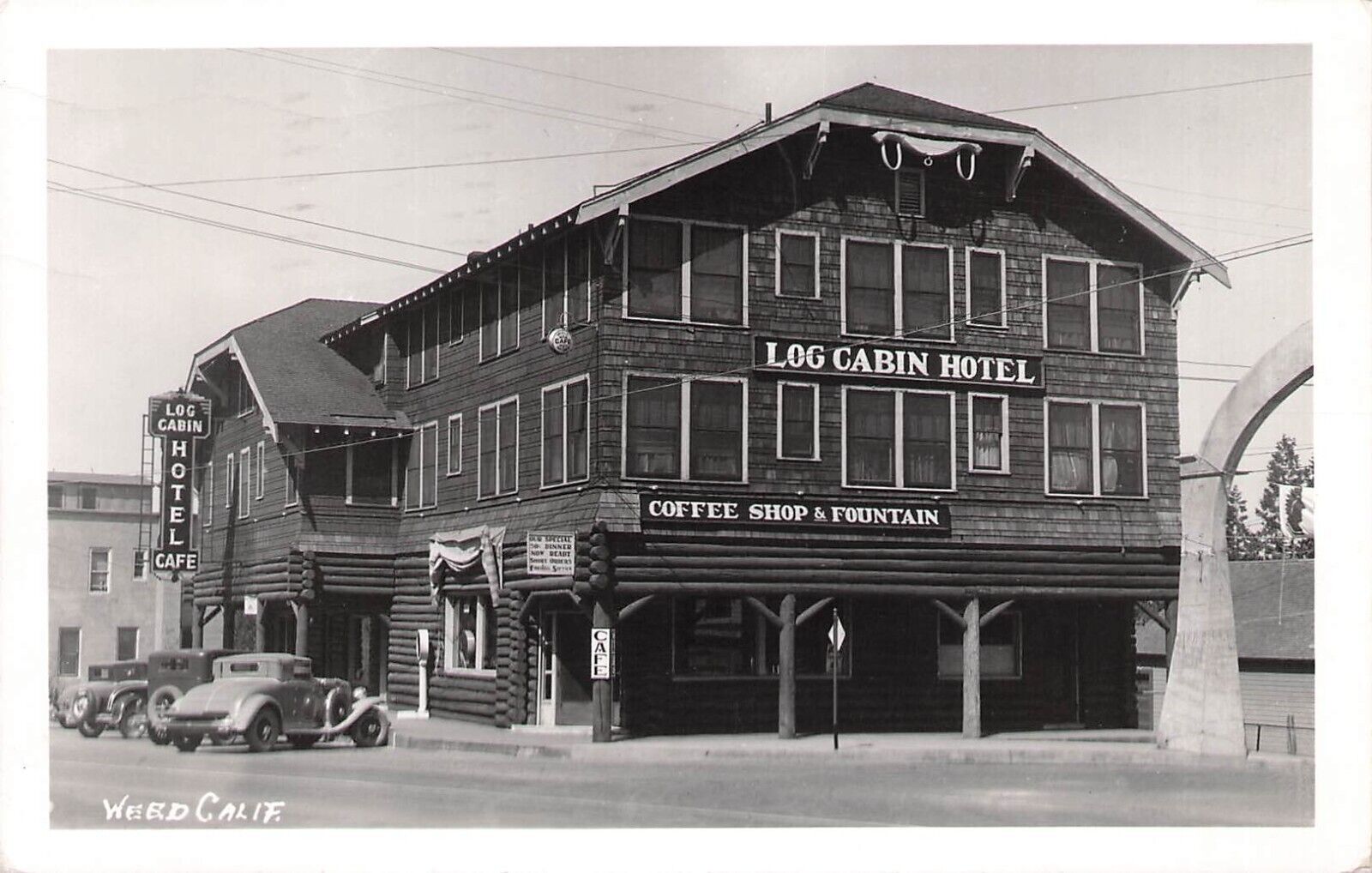 RPPC Weed California, Log Cabin Hotel Cafe c1930\'s PM 1940