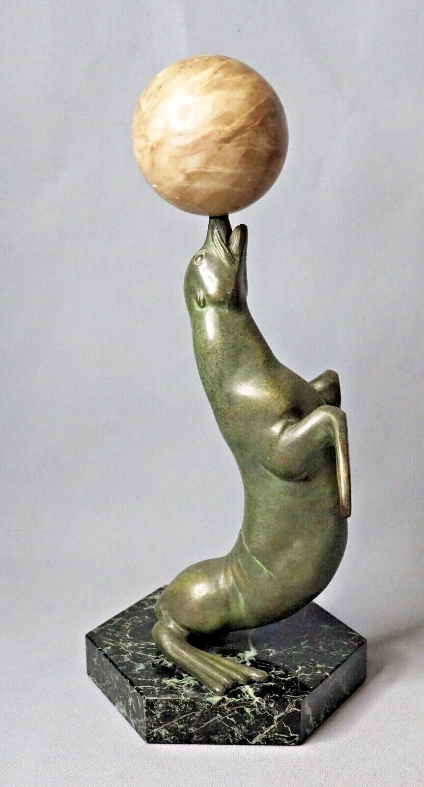 1920s Art Deco French Sculpture Bookend Sea Lion Playing Ball Marble Base Figure