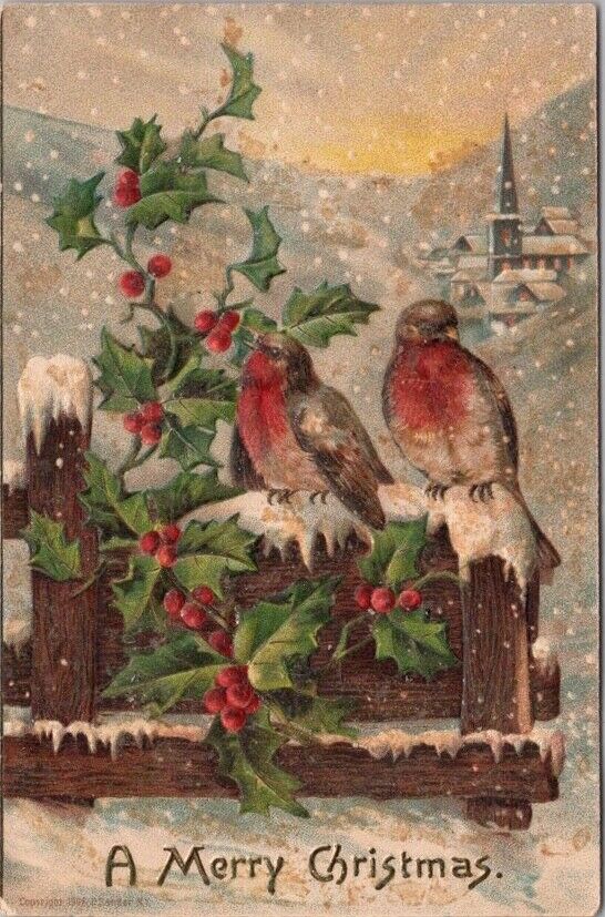 c1910s CHRISTMAS Greeting Card Robin Birds on Fence / Church Scene / Glitter