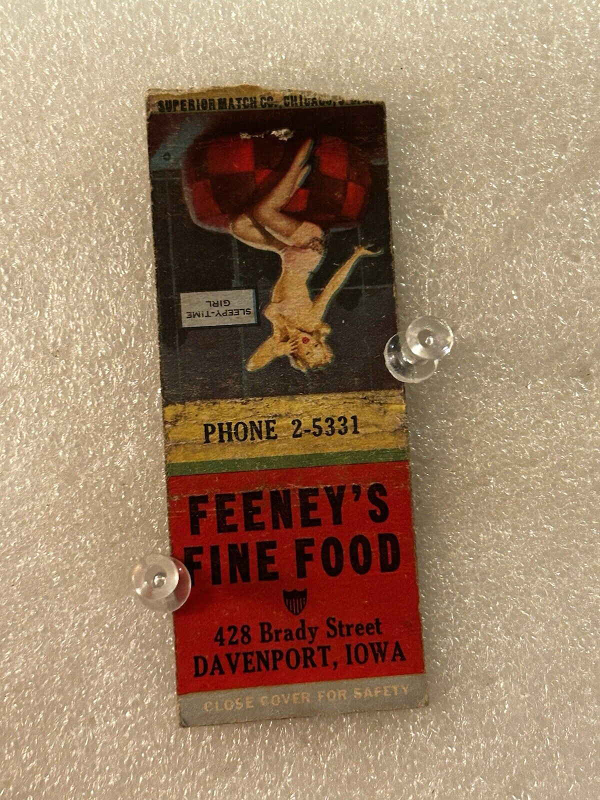 Feeney’s Fine Food Davenport Iowa Vintage Matchbook Girlie Pinup