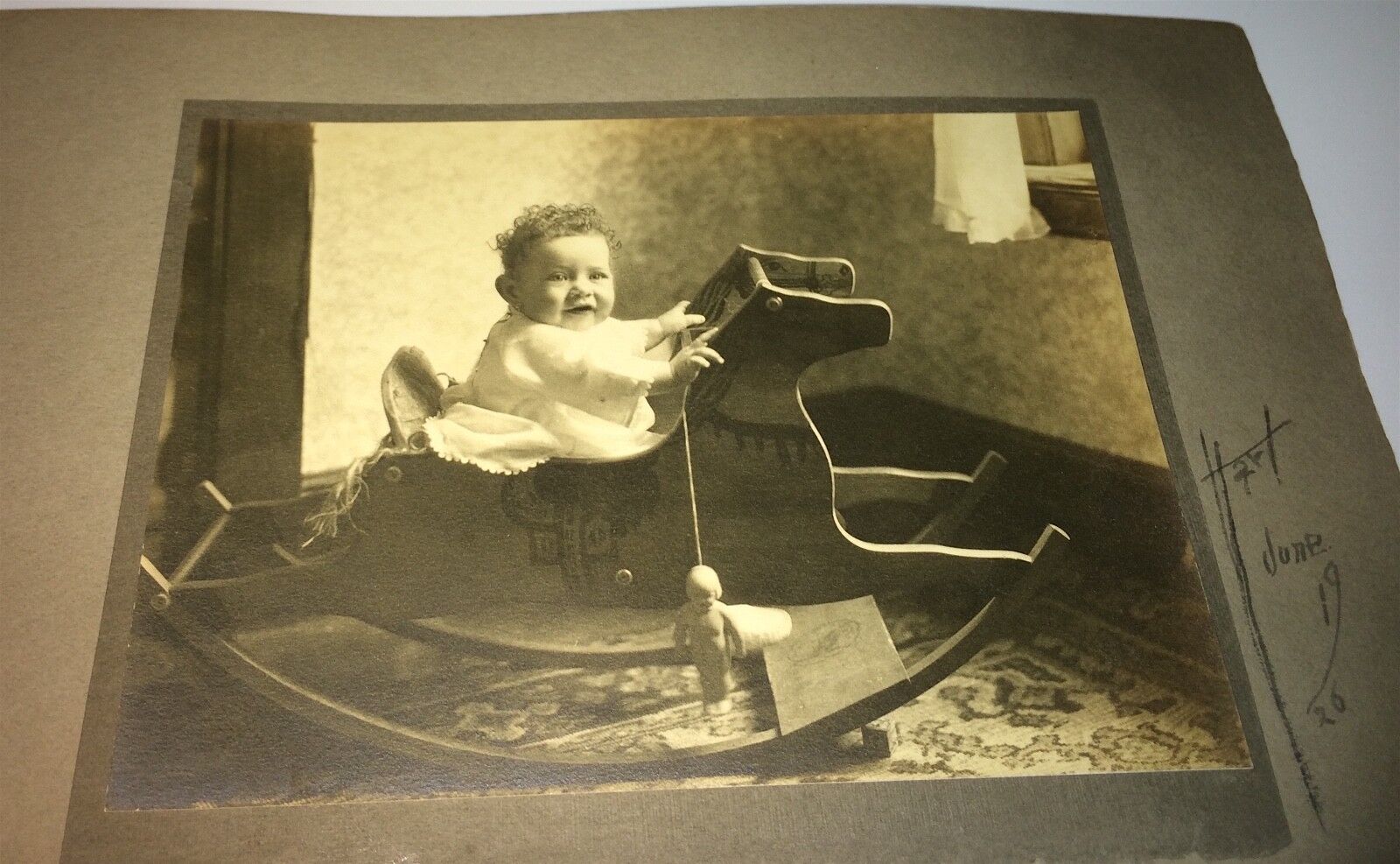 Rare Antique American Adorable Child, Rocking Horse & Odd Hung Doll C.1926 Photo