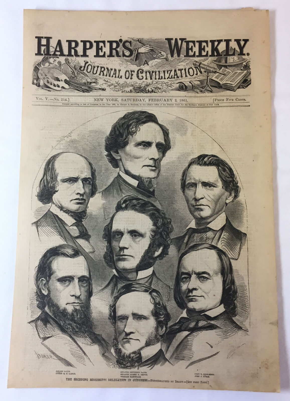 1861 magazine engraving~THE SECEDING MISSISSIPPI DELEGATION IN CONGRESS