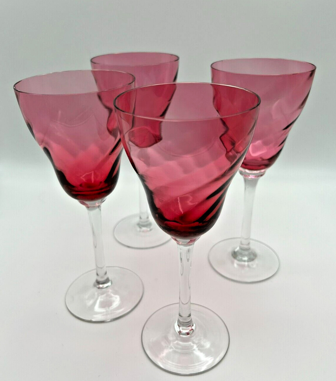Vintage CRANBERRY SWIRL ON CLEAR STEM (8 OZ) WINE GLASSES - Set of 4