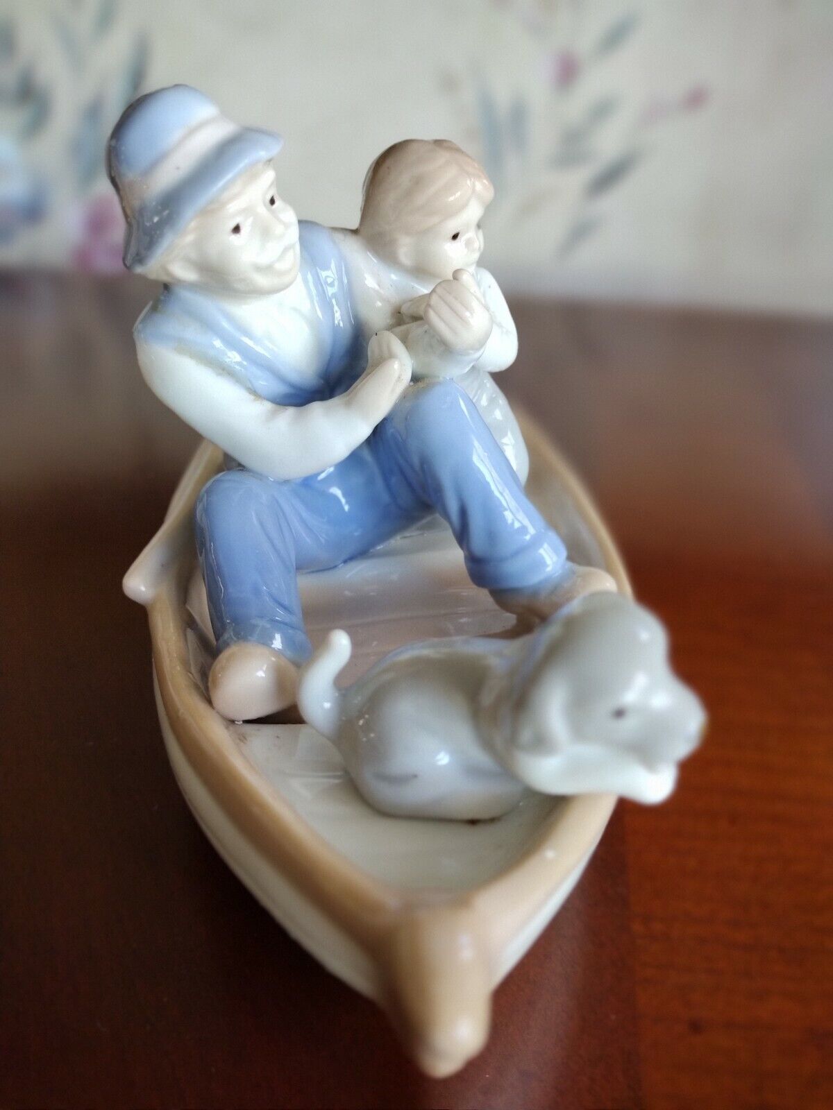 Grandpa Grandson & Dog Fisherman in Boat Figurine. Vintage MEICO INC Porcelain 