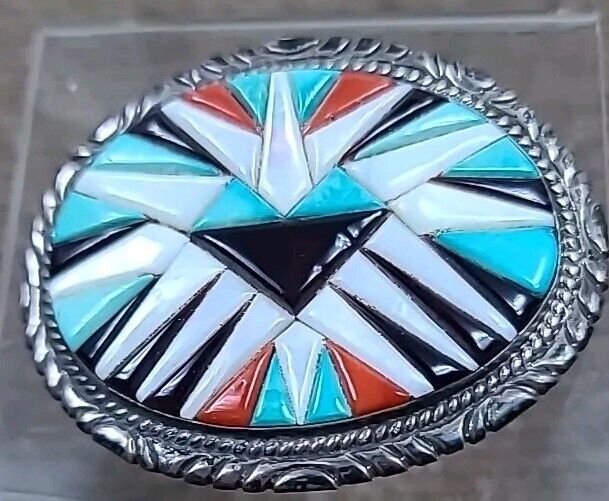 Vintage Zuni Inlay Belt Buckle Silver Turquoise Onyx Coral Oval Signed Old Pawn 