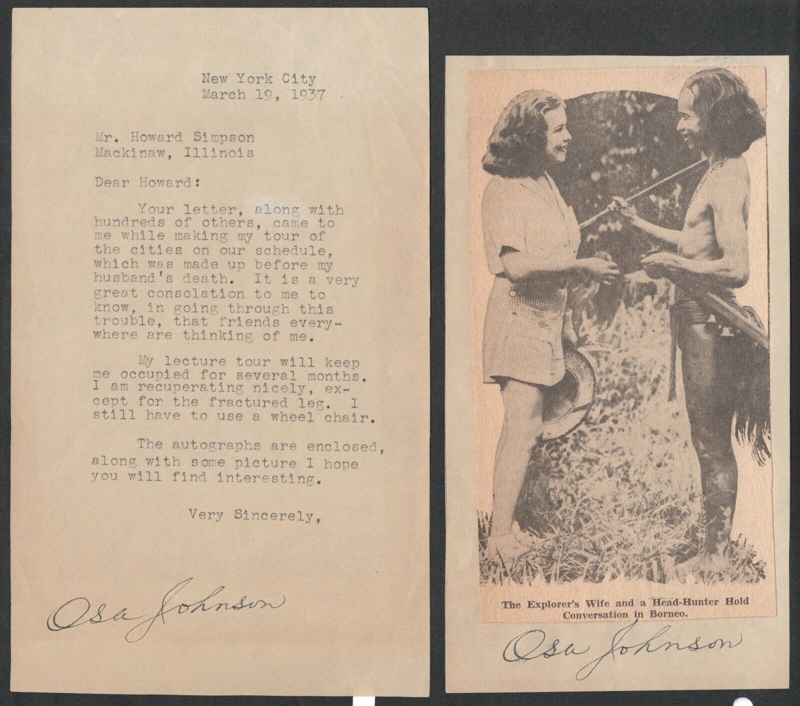 Osa Martin signed I Married Adventure typed letter and signed photo