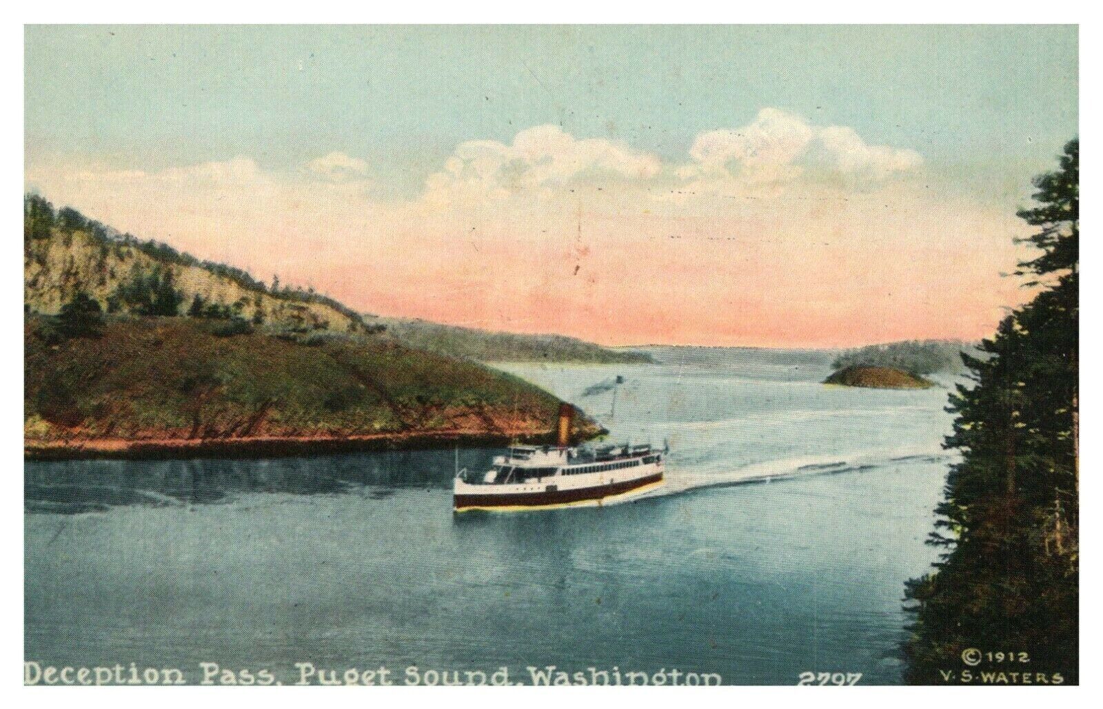 Postcard 1912 WA Boat Ship Vessel Aerial View Puget Sound Washington       