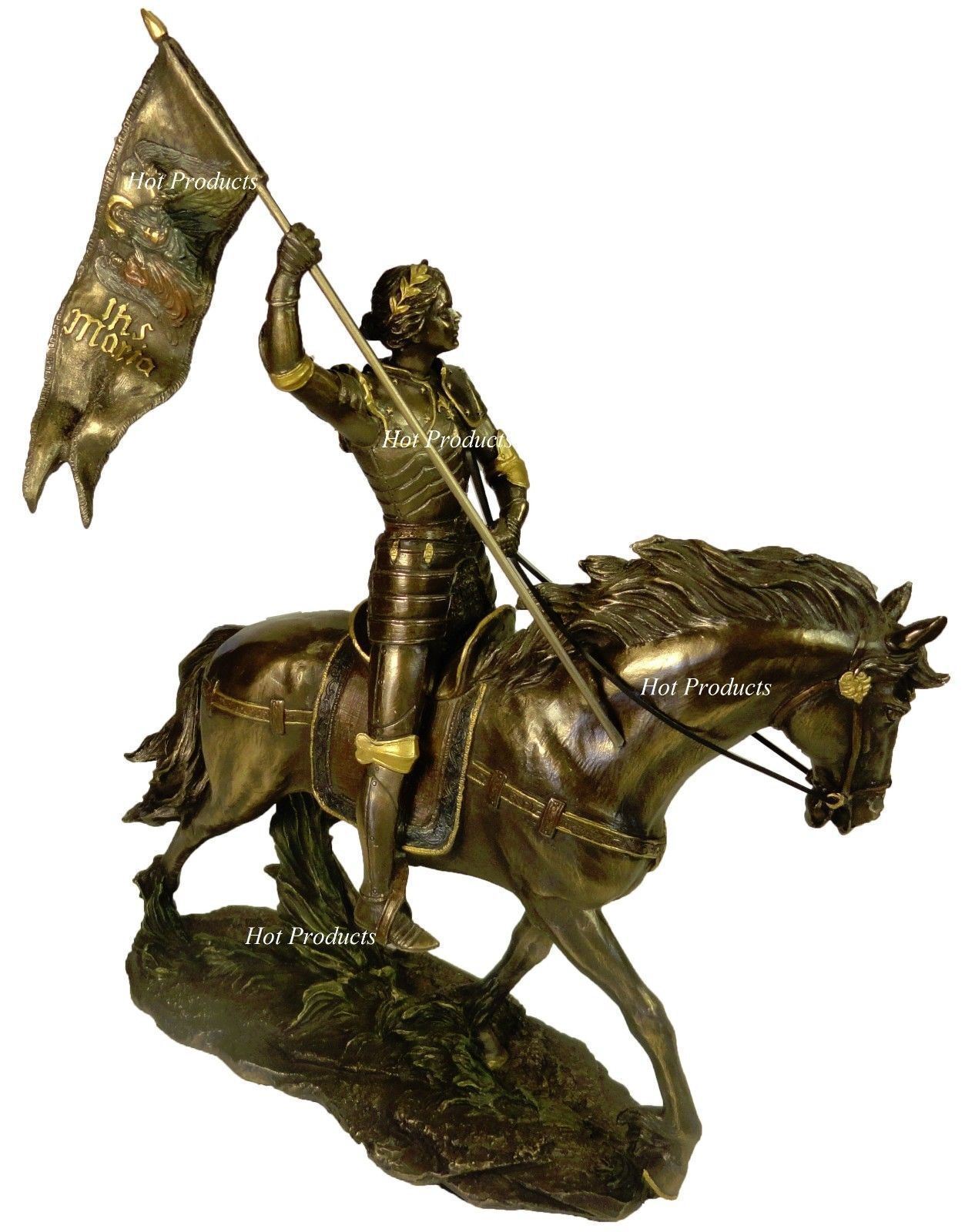Roman Catholic Saint Joan of Arc on Horse W/ Flag Sculpture Statue Bronze Finish