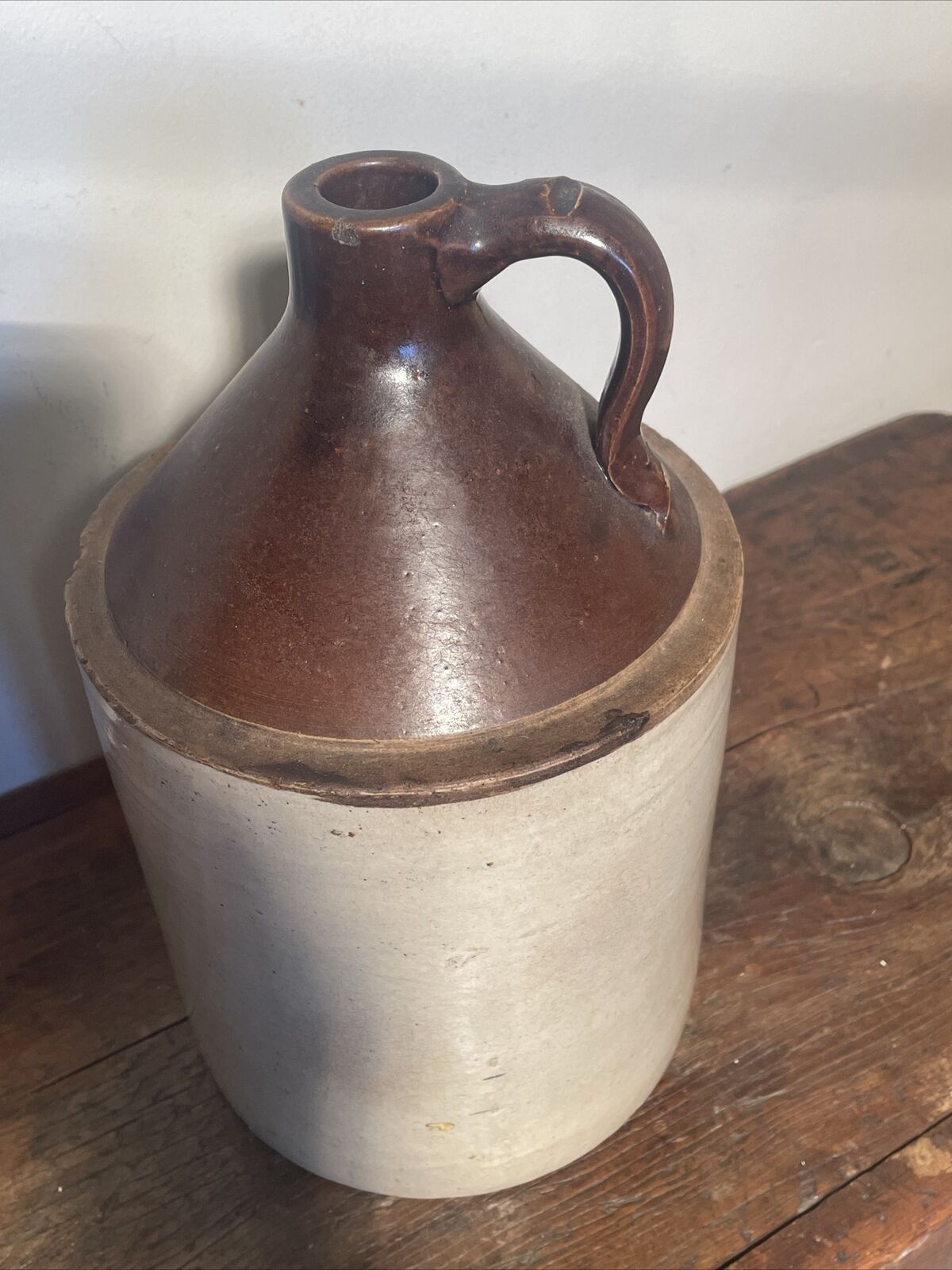 Nice Early Antique Brown And White 1 Gallon Whiskey Jug