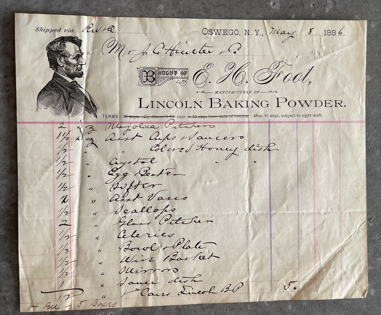 Original 1886 Oswego NY Business Billhead Abraham Lincoln Graphic Baking Powder